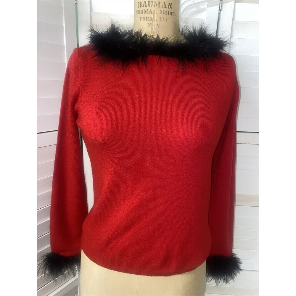 Vintage Worthington Women’s Red Pullover Sweater Black Marabou Trim Petite Small